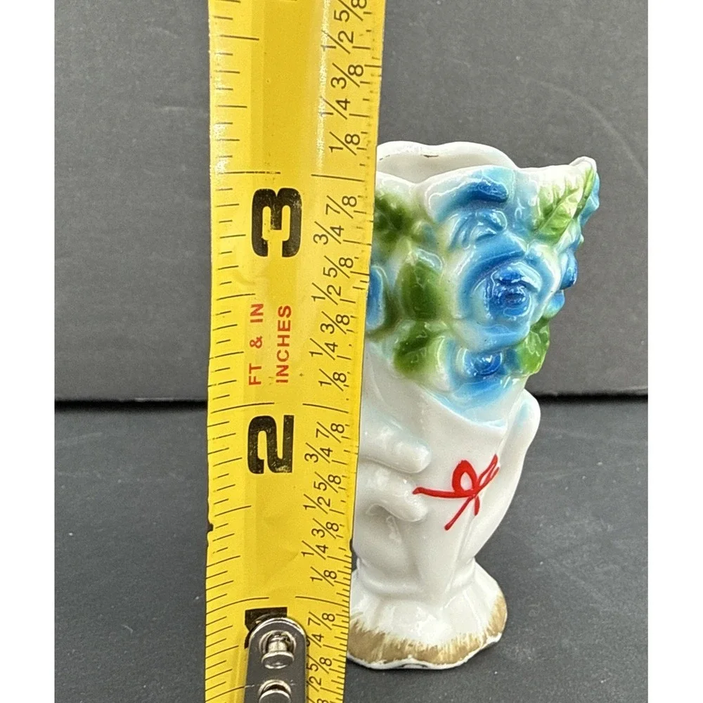 Vintage‎ 1940's Blue Rose Hand Bud vase Match Stick Holder Japan 3